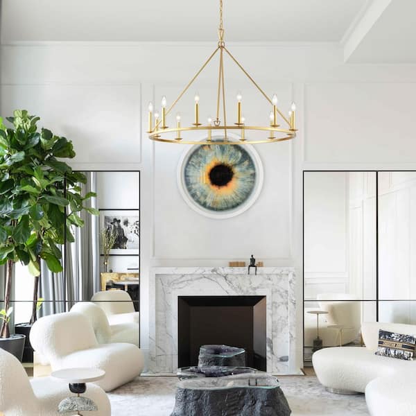 12-Light 40 in. Distressed Gold Wagon Wheel Chandelier