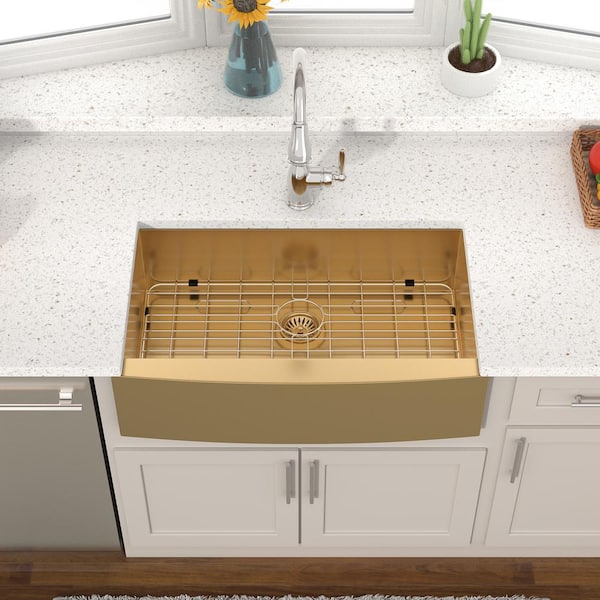 36 in. Farmhouse/Apron-Front Single Bowl 16-Gauge Gold Stainless Steel Deep Kitchen Sink with Bottom Grids