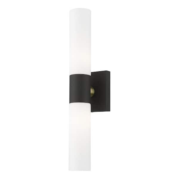 Aspen 2 Light Textured Black ADA Wall Sconce with Hand Blown Satin Opal White Twist Lock Glass