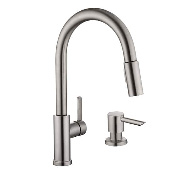 Paulina Single-Handle Pull-Down Sprayer Kitchen Faucet with TurboSpray, FastMount and Soap Dispenser in Stainless Steel