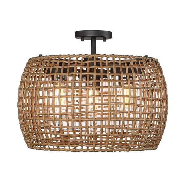 Piper 3-Light Natural Black Outdoor Semi-Flush Mount Light with Maple All-Weather Wicker Shade