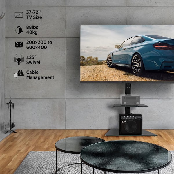 Heavy Duty Swivel Floor Stand Mount with Shelves For 37-72 in. TV's up to 110lbs. with Sleek Glass Base and 25° Swivel