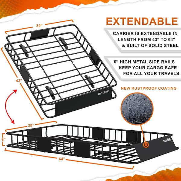 250 lb. Roof Rack Basket with 16 CF Roof Bag - Roof Rack Cargo Basket Adjusts from 43-64 in. L x 39 in. W x 6 in. H