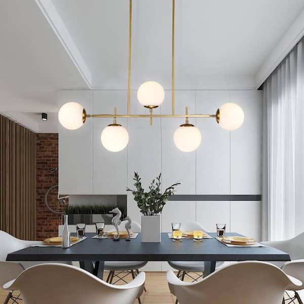 Deerfield 5-Light Brass Kitchen Island Chandelier with Milk Globe Glass Shade