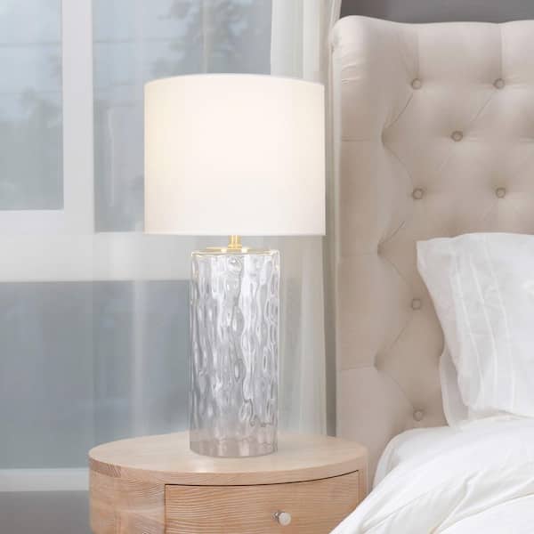 Krislyn 24 in. Clear Water Glass Table Lamp with White Linen Shade