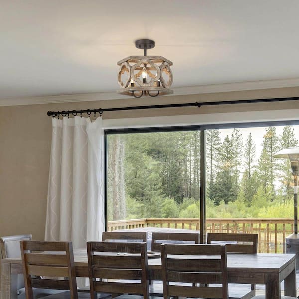 Farmhouse Antique Wood Drum Semi-Flush Mount 3-Light Rustic Kitchen Island Ceiling Lamp with Rusty Bronze Candle Holders