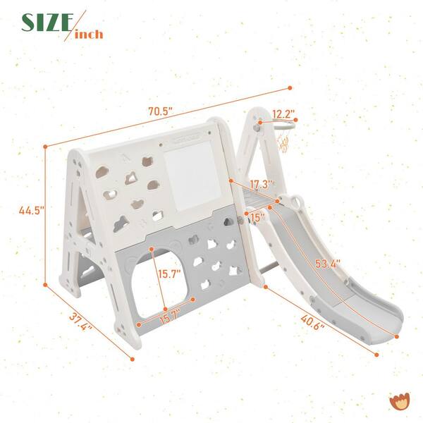 7-In-1 Gray HDPE Playset with Tunnel, Climber, Whiteboard, Toy Building Block Baseplates, Basketball Hoop