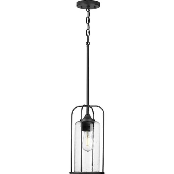 Watch Hill Collection 1-Light Textured Black Clear Seeded Glass Farmhouse Pendant Hanging Lantern Light