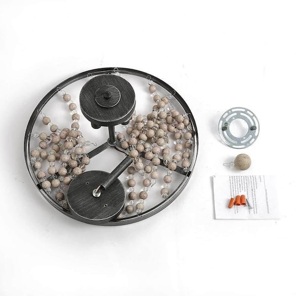 Boho 16 in. 3-Light Antique Black Rustic Empire Semi Flush Mount Kitchen Ceiling Light with Wood and Crystal Beads