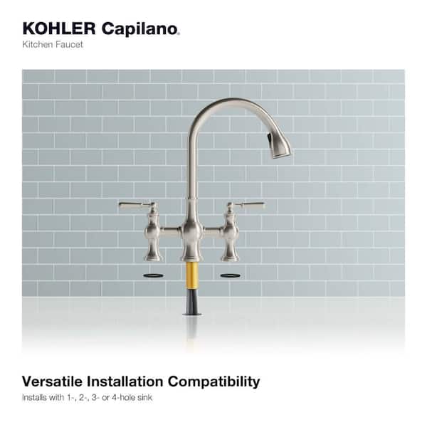 Capilano 2-Handle Bridge Farmhouse Pull-Down Kitchen Faucet with Soap Dispenser and Sweep Spray in Vibrant Stainless