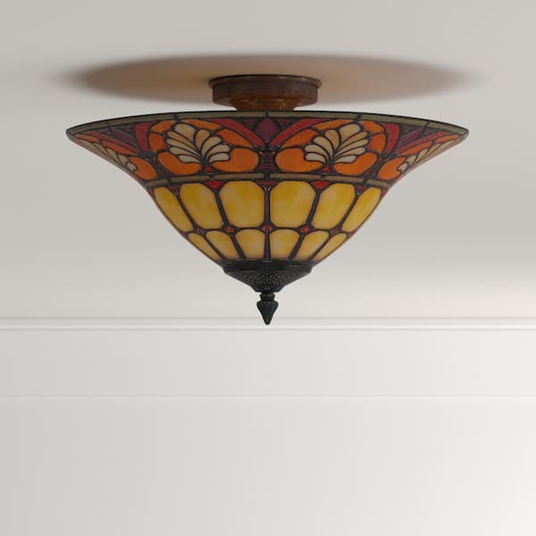 3-Light Antique Golden Sand Dylan Tiffany with Semi-Flush Mount Light