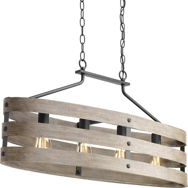 Gulliver Collection 38-1/2 in. Coastal 4-Light Graphite Coastal Linear Chandelier Light with Weathered Driftwood Frame
