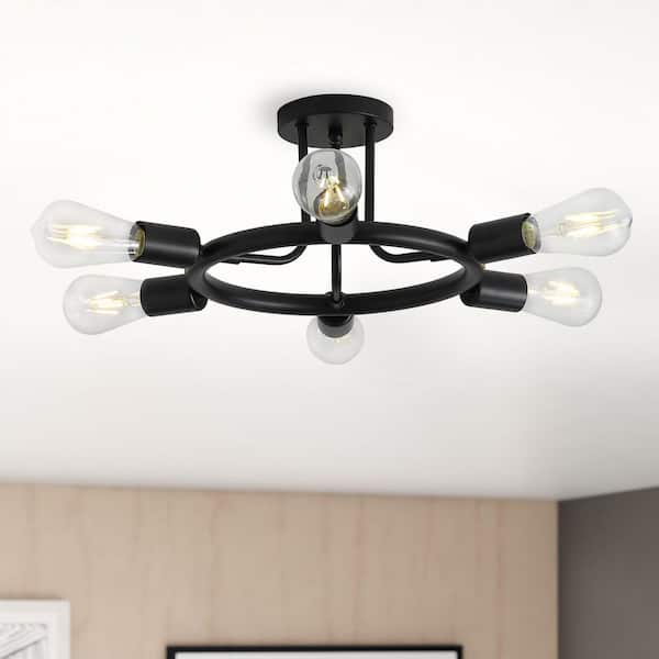 Modern 26 in. 6-Lights Black Sputnik Linear Semi-Flush Mount Ceiling Light Fixture