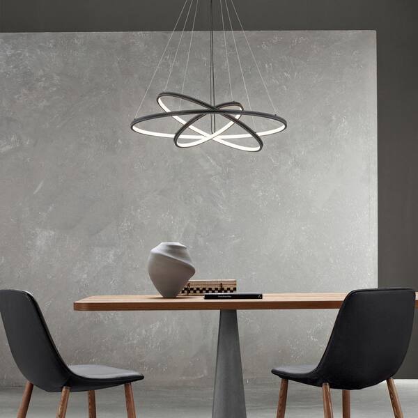 3-Light Dimmable Integrated LED Black Tiered Ring Chandelier with Leather Accent