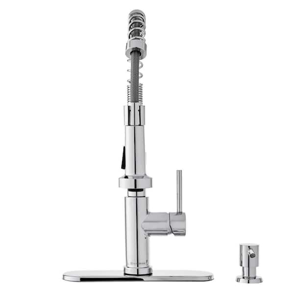 Gage Single-Handle Spring Neck Pull-Down Sprayer Kitchen Faucet with Soap Dispenser in Polished Chrome