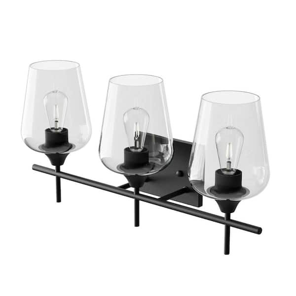 3-Light Matt Black Bathroom Vanity Light with Clear Glass Shades