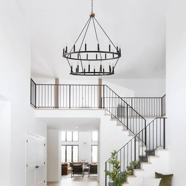 28-Light Black Wagon Wheel Chandelier 2 Tier Large Farmhouse Round Industrial Ceiling Hanging Light