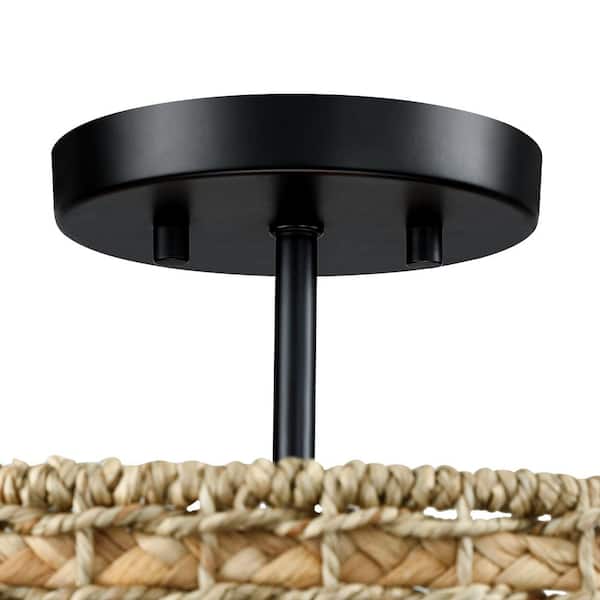 Elis 13.6 in. 2-Light Natural Rattan Semi-Flush Mount Ceiling Light with Black Canopy