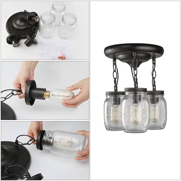 Mina Coastal 10 in. 3-Light Oil-Rubbed Bronze Semi-Flush Mount Light with Mason Jar Shade Modern Farmhouse Ceiling Light