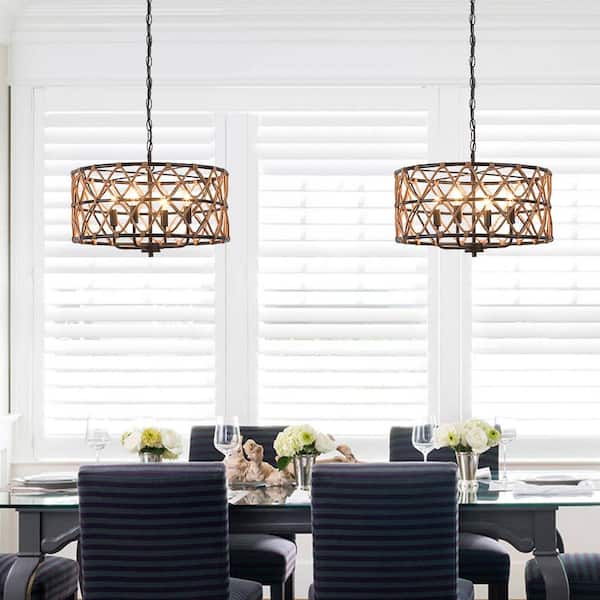 Trellis 20 in. 4-Light Black Drum Chandelier with Natural Rattan Shade
