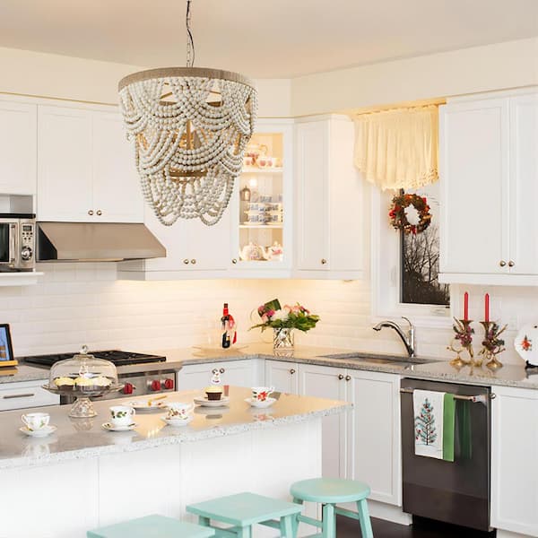 Hatfield 4-Light Bohemia Style Natural Wood Beaded Tiered Chandelier