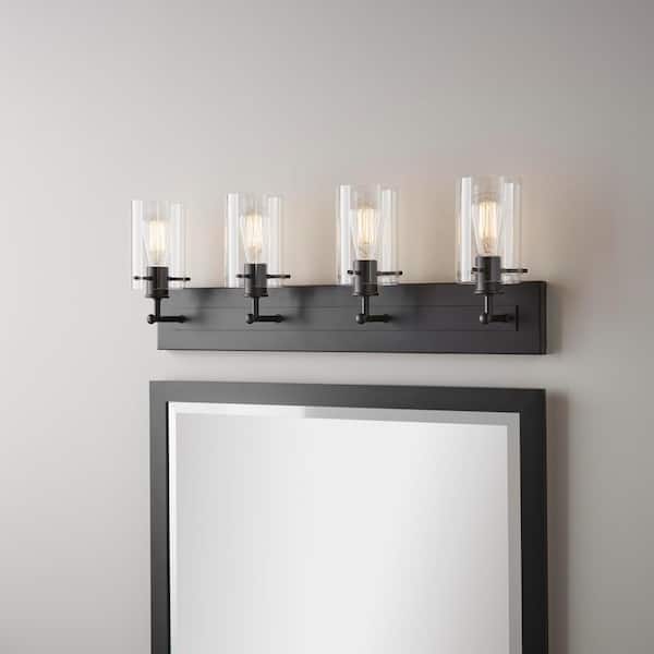 Regan 29.25 in. 4-Light Matte Black Bathroom Vanity Light with Clear Glass Shades