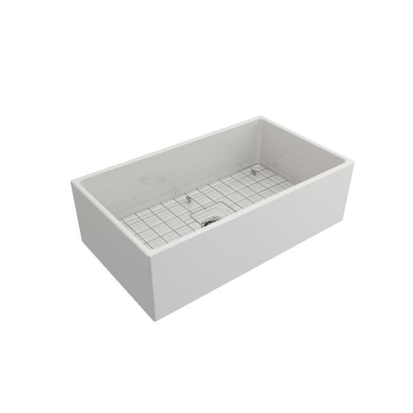 Contempo Farmhouse Apron Front Fireclay 33 in. Single Bowl Kitchen Sink with Bottom Grid and Strainer in White