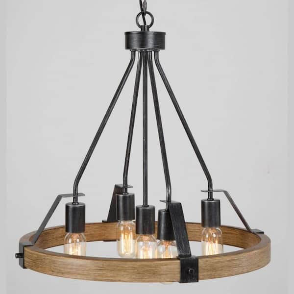 Brown Round Chandelier, Rustic 5-Light Wagon Wheel Black Chandelier Farmhouse Island Pendant Light with Wood Accents