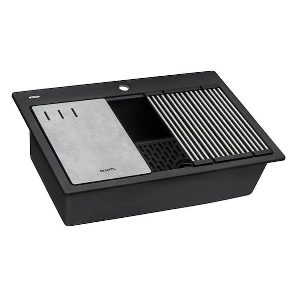 epiStage Matte Black Granite Composite 33 in. Single Bowl Drop-In Workstation Kitchen Sink