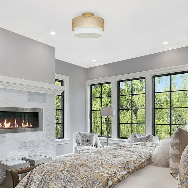 Sloane 13.125 in. Dual-Light Gold-Tone Semi-Flush Mount with White Fabric Drum Shade