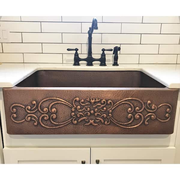 Ganku 33 in. Undermount Farmhouse Single Bowl 16 Gauge Antique Copper Kitchen Sink with Scroll