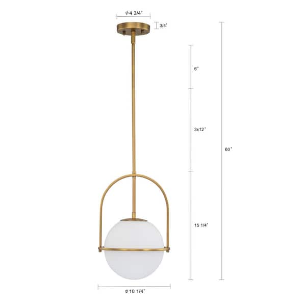 1-Light Antique Brass Sphere Shaded Pendant Light with Opal Glass Shade, No Bulbs Included