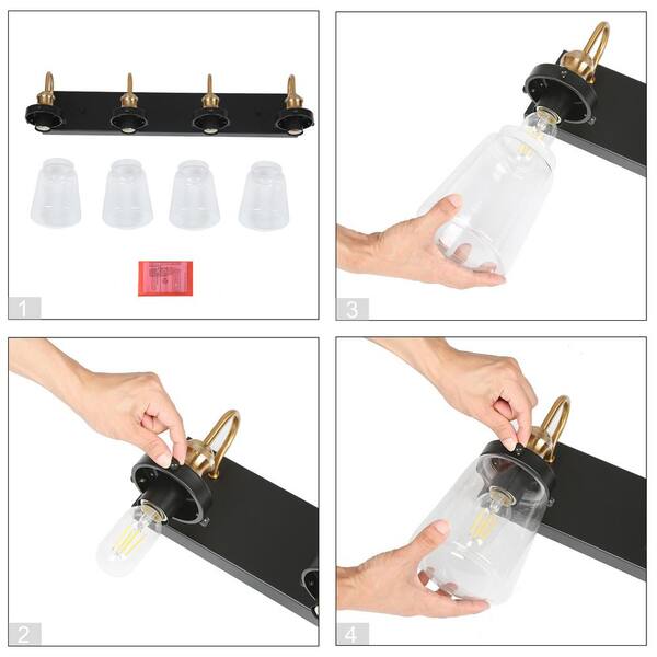 Modern Farmhouse Bathroom Wall Sconce, 4-Light Black and Brass Transitional Bell Vanity Light with Clear Glass Shades
