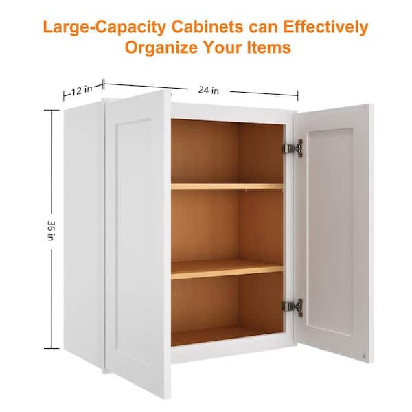 24 in. W x 12 in. D x 36 in. H in Shaker White Plywood Ready to Assemble Wall Cabinet 2-Doors 2-Shelves Kitchen Cabinet