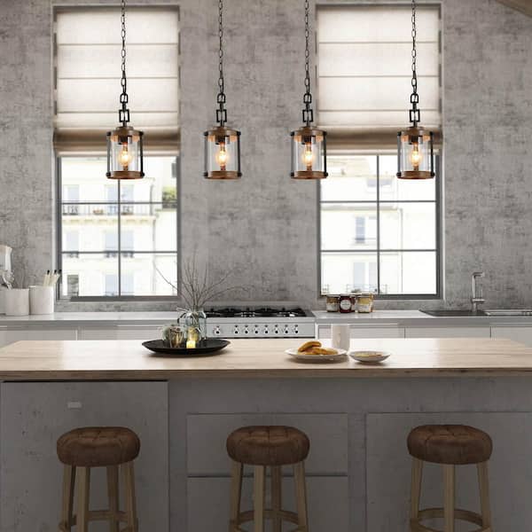 Modern Farmhouse Brown Chandelier 1-Light 6 in. Black Drum Mini Island Pendant Light with Seeded Glass Shades