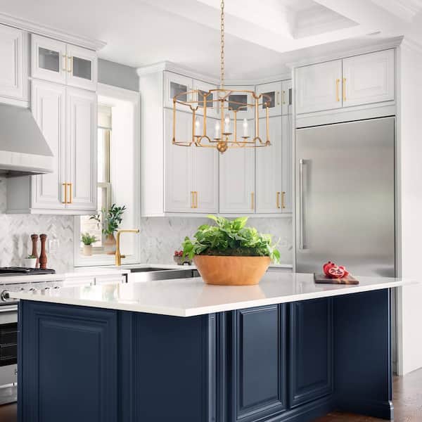 Modern Gold Drum Island Pendant Light 4-Light Brushed Gold Cage Dining Room Chandelier with Candle Style