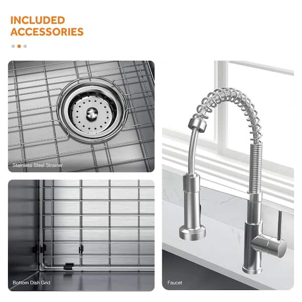 All-in-One Zero Radius Undermount 16G Stainless Steel 32 in. Single Bowl Kitchen Sink, Offset Drain, Spring Neck Faucet