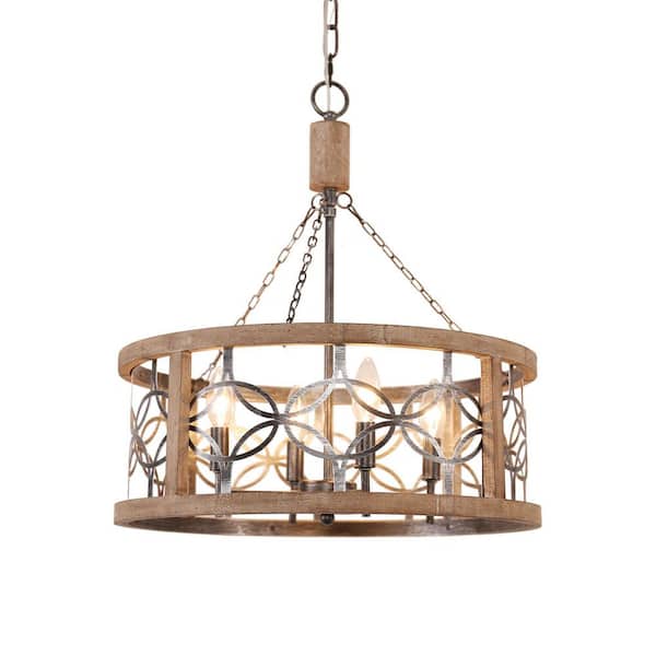 Bloomfield French Country Farmhouse 4-Light Weathered Wood Drum Rustic Chandelier
