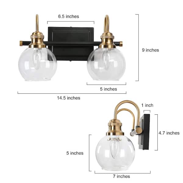 14.5 in. 2-Light Brass Gold Bathroom Vanity Light, Globe Clear Glass Bath Lighting, Black Modern Wall Sconce