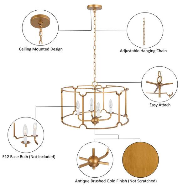 Modern Gold Drum Island Pendant Light 4-Light Brushed Gold Cage Dining Room Chandelier with Candle Style