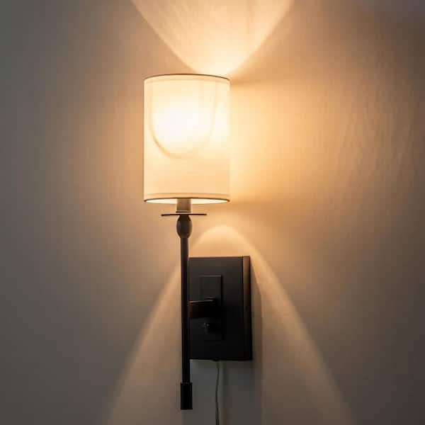 1-Light Black Hardwired and Plug-in Wall Sconce with Fabric Shade and ON-OFF Switch