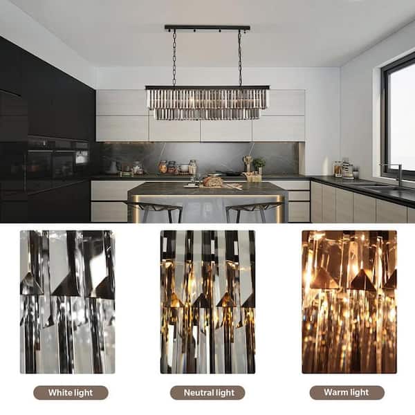 47in 8-Light Modern Crystal Kitchen Chindelier Black Linear Farmhouse Island Kitchen Pendant Light