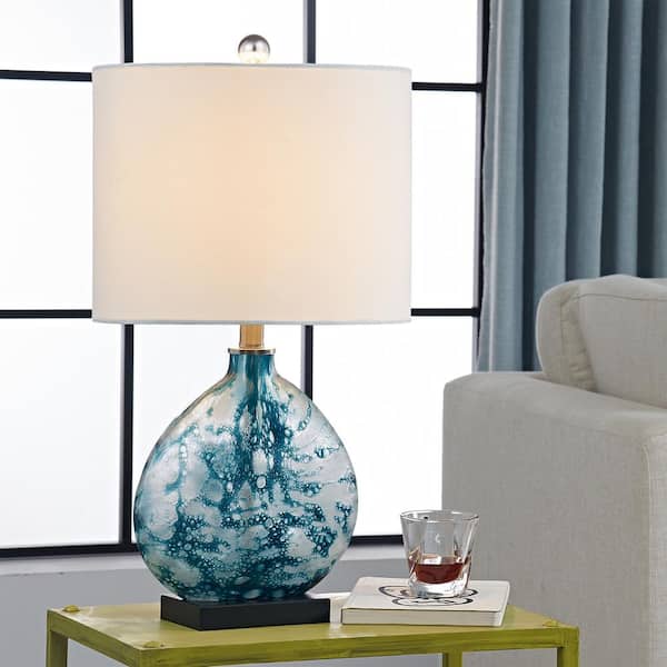 Denver 23 in. Bedside Blue Glass Table Lamp with White Linen Shade