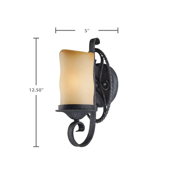 Sevilla 1-Light Indoor Antique Wrought Iron Bath / Vanity Wall Mount Sconce w/ Candle-Shaped Sandstone Glass Shade