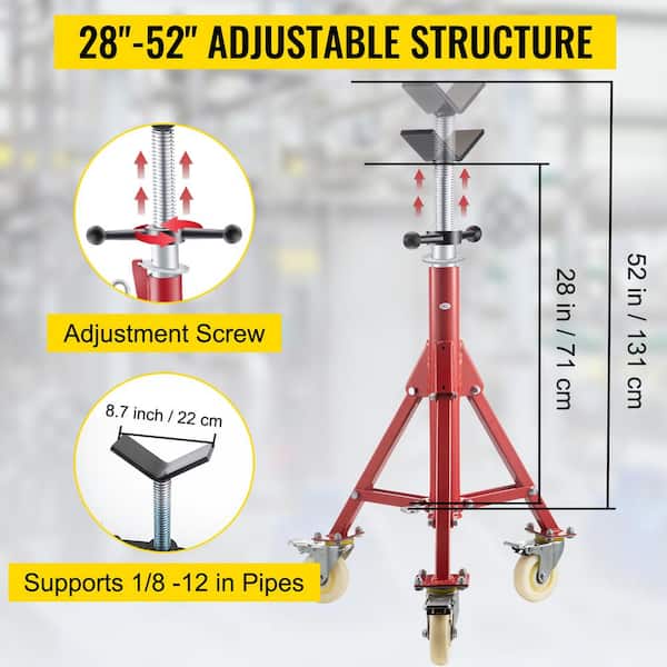 28 in. to 52 in. Pipe Jack Stand 882 lbs. Load Folding V Head Pipe Stand with lockable Casters for 1/8 to 12 in. pipes