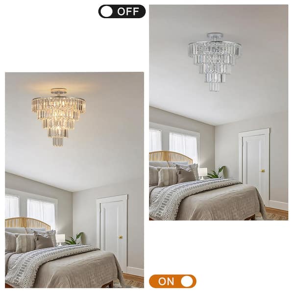19.7 in. 10-Light Chrome Crystal Semi-Flush Mount Chandelier Light, 5-Tier Round Chandelier