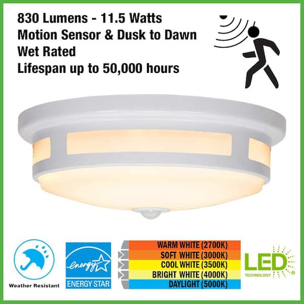 Greenhaven 11 in. 1-Light White Motion Sensor LED Outdoor Flush Mount Ceiling Light Color Selectable (4-Pack)
