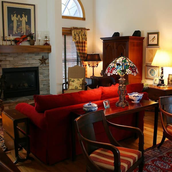 23 in. Bronze Floral Design Table Lamp with Stained Glass