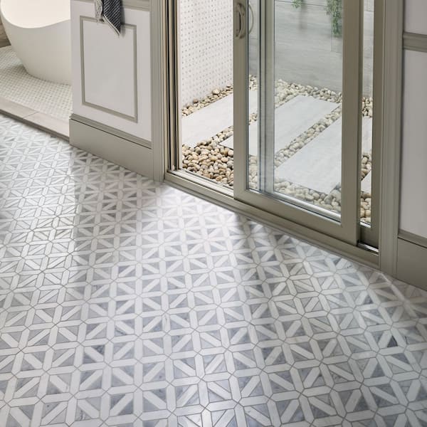 Bianco Dolomite Geometrica 12 in. x 12 in. x 10 mm Polished Marble Mosaic Tile (10 sq. ft./case)