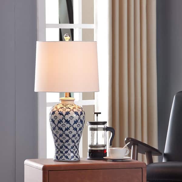 Sacramento 25 in. Blue/White Ceramic Table Lamp, Traditional Chinoiserie Bedside Lamp